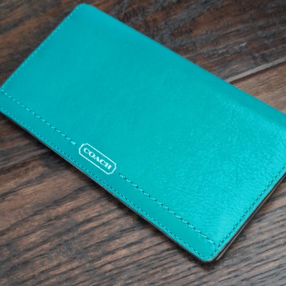 COACH I Teal Green and Tan Leather Checkbook Cover Wallet - Picture 1 of 12
